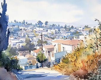 ゴールデンゲートブリッジの絵画、サンフランシスコ湾の水彩画アート