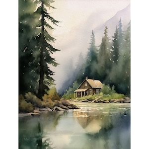 Forest Cabin Painting Tahoe Lake Art Print Mountain Forest Landscape Watercolor Painting Minimalist Wall Art image 1