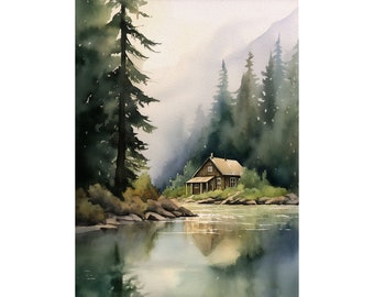 Forest Cabin Painting Tahoe Lake Art Print Mountain Forest Landscape Acquerello Pittura Minimalista Wall Art