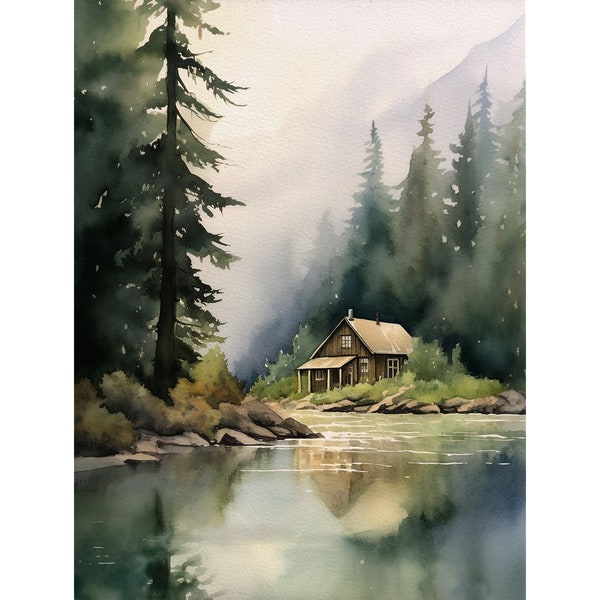Forêt cabine peinture Tahoe Lake Art Print montagne forêt paysage aquarelle peinture minimaliste Wall Art