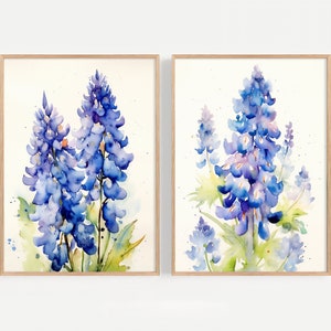 Bluebonnet Painting Art Prints Set of 2 Bluebonnets Watercolor Botanical Print Farmhouse Wall Art Texas Wildflowers