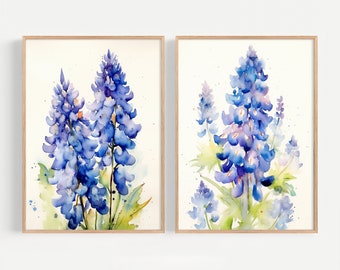 野生の花の絵画 青い花 水彩画 アートプリント ターコイズ 春の花の