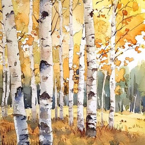 Birch Tree Painting Aspen Trees Watercolor Print Colorado Forest Wall Art Autumn Landscape Art