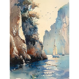 Crete Painting Greek Watercolor Art Print Sailboat Wall Art Mediterranean Seascape Print Coastal Wall Art Summer Wall Decor