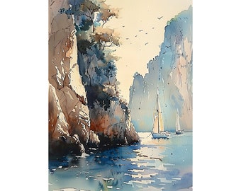 Crete Painting Greek Watercolor Art Print Sailboat Wall Art Mediterranean Seascape Print Coastal Wall Art Summer Wall Decor