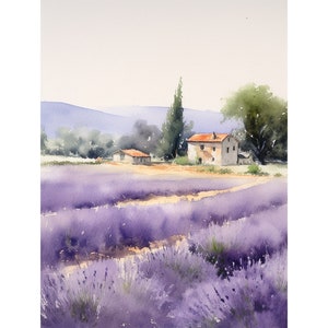 Dipinto di campo di lavanda, acquerello provenzale, stampa artistica in stile francese, decorazione da parete di campagna, decorazione da parete di fattoria