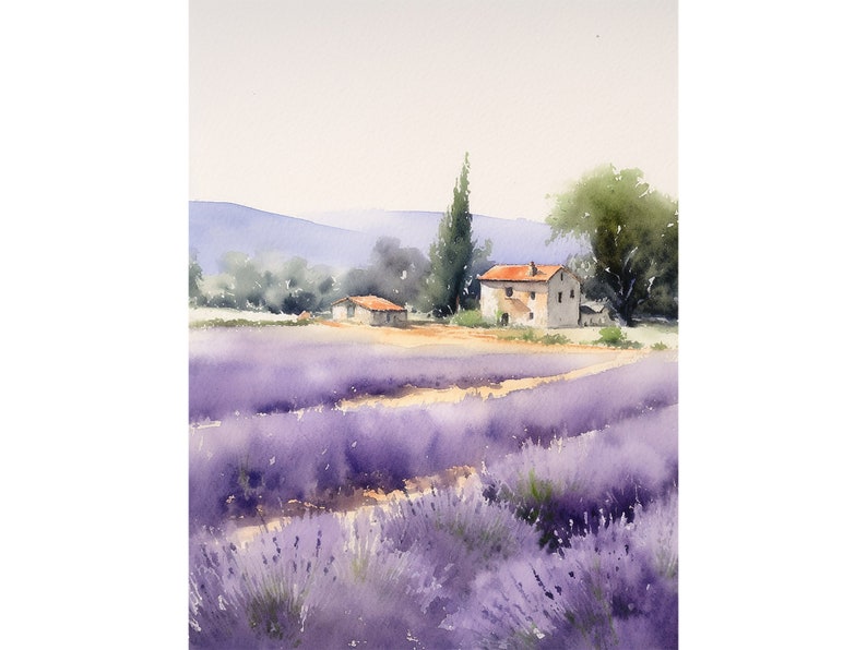 May include: A watercolor painting of a lavender field with two houses in the distance. The houses are white with red tile roofs. The field is a vibrant purple with green trees in the background.