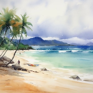 ハワイの絵画 カイルア 水彩画 アートプリント ハワイアンビーチ ウォールアート 海景アート ヤシの木のアートワーク