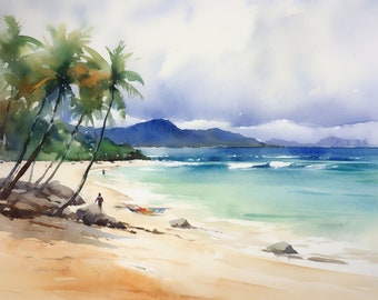 Peinture hawaïenne, impression d'art aquarelle de Kailua, art mural de plage hawaïenne, art de paysage marin, oeuvre de palmiers