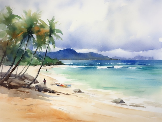 Hawaii Painting Kailua Watercolor Art Print Hawaiian Beach Wall Art Seascape Art Palm Trees Artwork