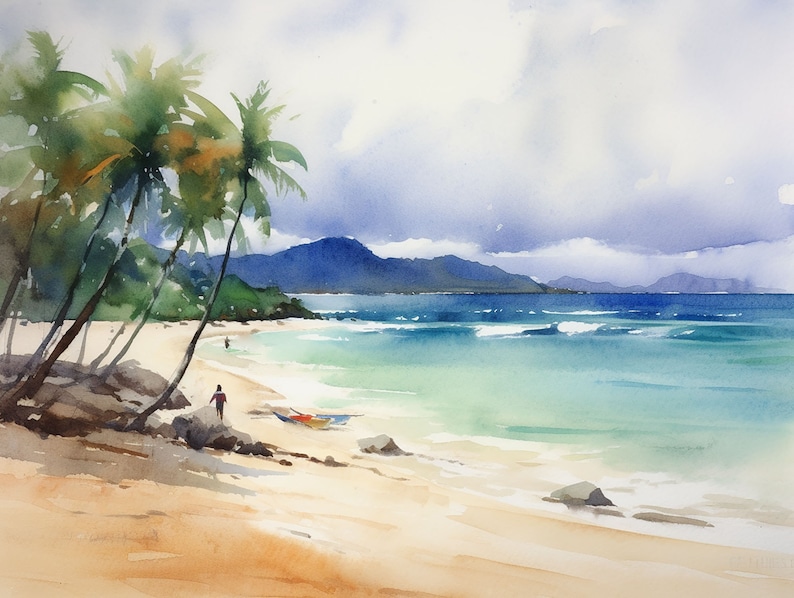 Peut inclure: Une peinture &agrave; l'aquarelle repr&eacute;sentant une sc&egrave;ne de plage tropicale avec des palmiers, un rivage sablonneux et une eau turquoise. Le ciel est nuageux et les montagnes au loin sont bleues.