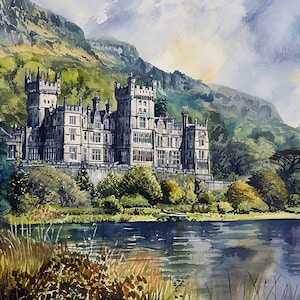 カイルモア修道院の絵画 アイルランド 水彩画 アートプリント ゴールウェイ 旅行ポスター アイルランドの風景 ウォールアート コネマラのアートワーク