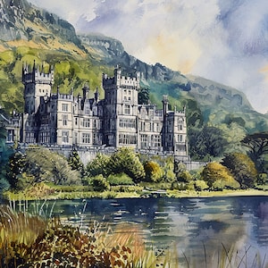 Kylemore Abbey Painting Ireland Watercolor Art Print Galway Travel Poster Irish Landscape Wall Art Connemara Artwork