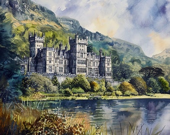 Kylemore Abbey Painting Ireland Watercolor Art Print Galway Travel Poster Irish Landscape Wall Art Connemara Artwork