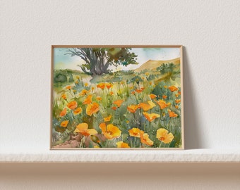 カリフォルニアの絵画 ポピー畑 水彩画 アートプリント 夏の草原