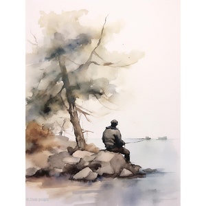 Fisherman Painting Redfish Lake Art Print Fishing Wall Art Idaho Landscape Watercolor Art Sunrise Artwork