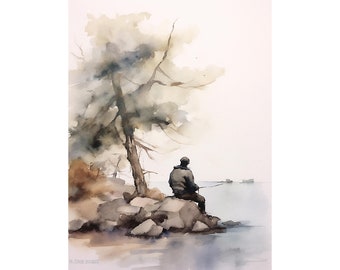 漁師の絵画 レッドフィッシュ湖のアートプリント 釣りの壁画 アイダホ