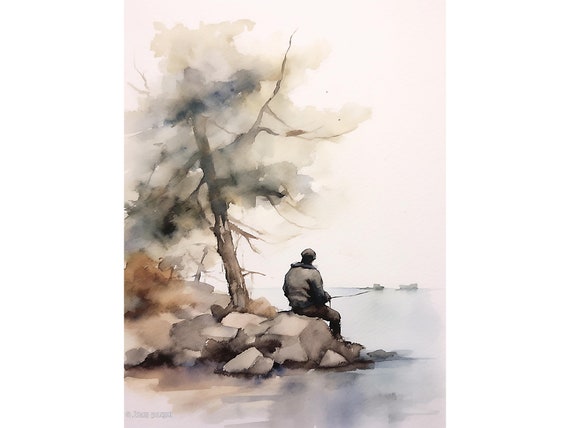 漁師の絵画 レッドフィッシュ湖のアートプリント 釣りの壁画 アイダホ