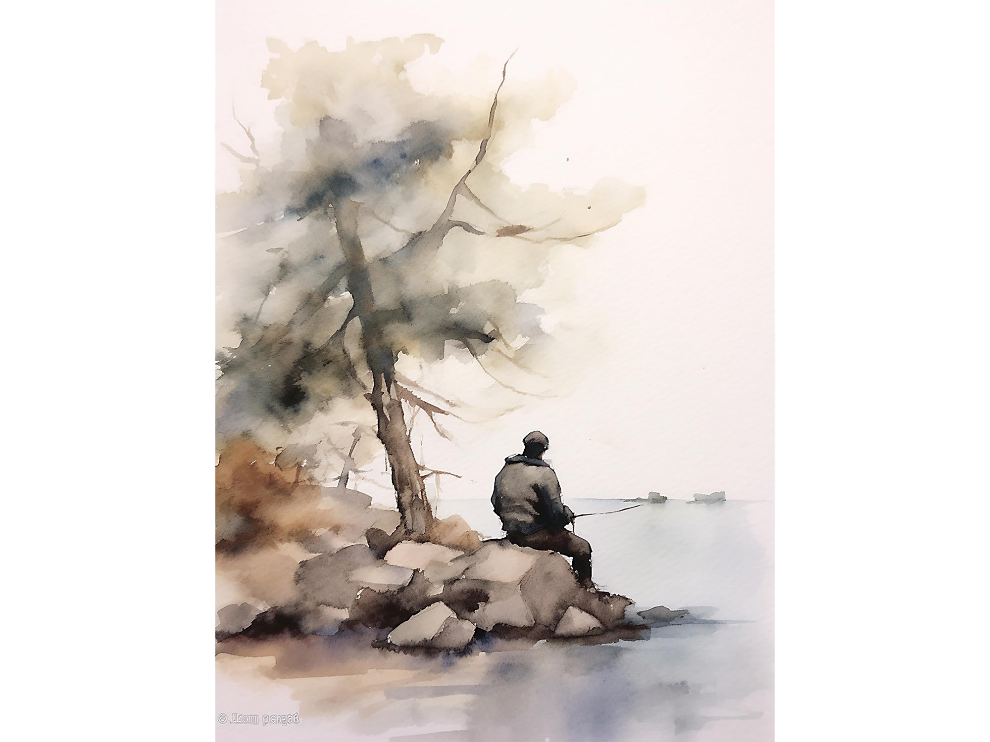 水彩画 釣りの風景 2019年 フレーム付き F6サイズ 原画 漁師の絵画 レッドフィッシュ湖のアートプリント 釣りの壁画 アイダホ