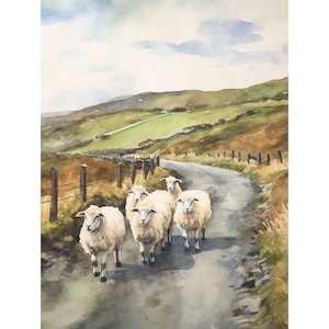 アイルランドの羊の絵画 アイルランドの風景 壁アート 素朴な道 水彩画 農業アートワーク 農家の壁装飾