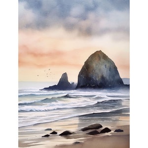 May include: A watercolor painting of a rocky coastline with a large rock formation in the distance. The sky is a soft orange and blue, and the waves are crashing on the shore.
