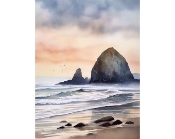 Pintura de Cannon Beach, impresión artística de acuarela de Haystack Rock, arte mural de Oregón, impresión de paisaje marino, obra de arte costera
