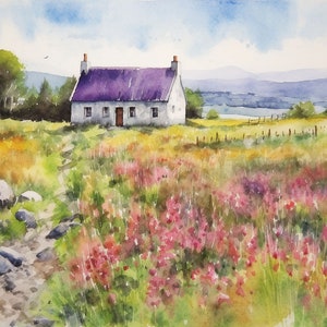 Irish Cottage Painting Cong Watercolor Art Print County Mayo Landscape Wall Art Ireland Mountain Lake Artwork
