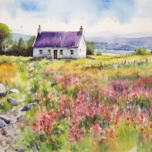 アイルランドのコテージの絵画 コング 水彩画 アートプリント メイヨー郡の風景 壁画 アイルランドの山と湖のアートワーク