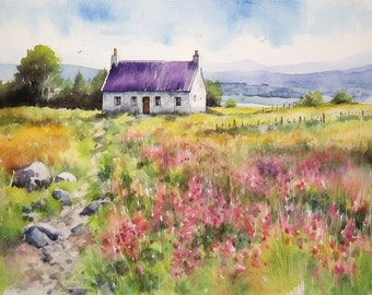 Irish Cottage Painting Cong Watercolor Art Print County Mayo Landscape Wall Art Ireland Mountain Lake Artwork