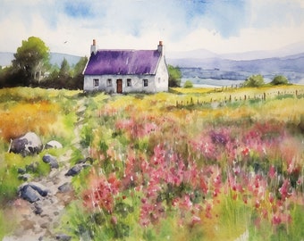 Irische Cottage Malerei Cong Aquarell Kunstdruck County Mayo Landschaft Wand Kunst Irland Bergsee Kunstwerk