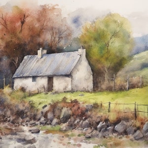 Malarstwo irlandzkiego domku Connemara Akwarela Sztuka Wydruk Galway Krajobraz Sztuka Ścienna Irlandia Dzieło sztuki Plakat irlandzkiej farmy