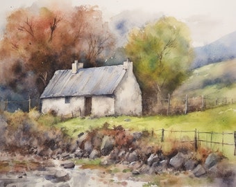 May include: A watercolor painting of a white cottage with a gray roof, surrounded by trees and a stream. The cottage is set against a backdrop of rolling hills.