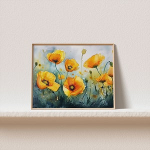 May include: Watercolor painting of yellow poppies in a field. The flowers are painted in a realistic style with delicate brushstrokes. The background is a soft blue-green color.