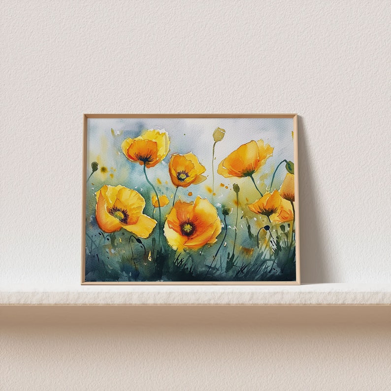 May include: Watercolor painting of yellow poppies in a field. The flowers are painted in a realistic style with delicate brushstrokes. The background is a soft blue-green color.