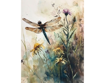Dragonfly Painting Wildflowers Watercolor Print Meadow Wall Art Print Abstract Floral Art Daisy Artwork