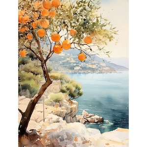 チンクエ テッレ アートプリント オレンジの木 水彩画 イタリア沿岸風景 イタリア ウォールアート 旅行プリント 海景アート by ArtPrintify