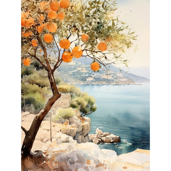 Cinque Terre Art Print Orange Tree Aquarelle Peinture Paysage côtier italien Italie Wall Art Travel Print Seascape Art par ArtPrintify