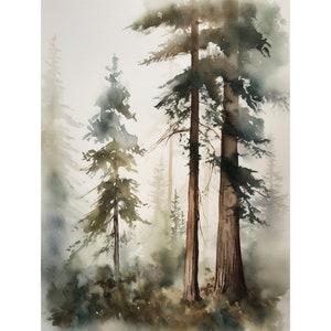 Pine Forest Watercolor Foggy Landscape Misty Pine Trees Wall Art Calming Wall Decor