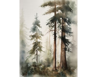Pine Forest Watercolor Foggy Landscape Misty Pine Trees Wall Art Calming Wall Decor