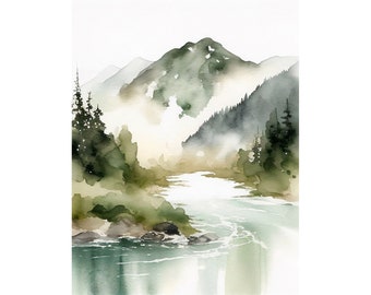 Mount Rainier Painting Foggy Forest Wall Art Print Watercolor Mountain River Landscape Pine Tree Poster Neutral Green Gray Poster