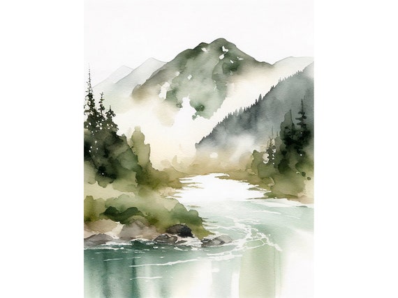 Mount Rainier Painting Foggy Forest Wall Art Print Watercolor Mountain River Landscape Pine Tree Poster Neutral Green Gray Poster