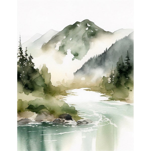 Mount Rainier Painting Foggy Forest Wall Art Print Watercolor Mountain River Landscape Pine Tree Poster Neutral Green Gray Poster