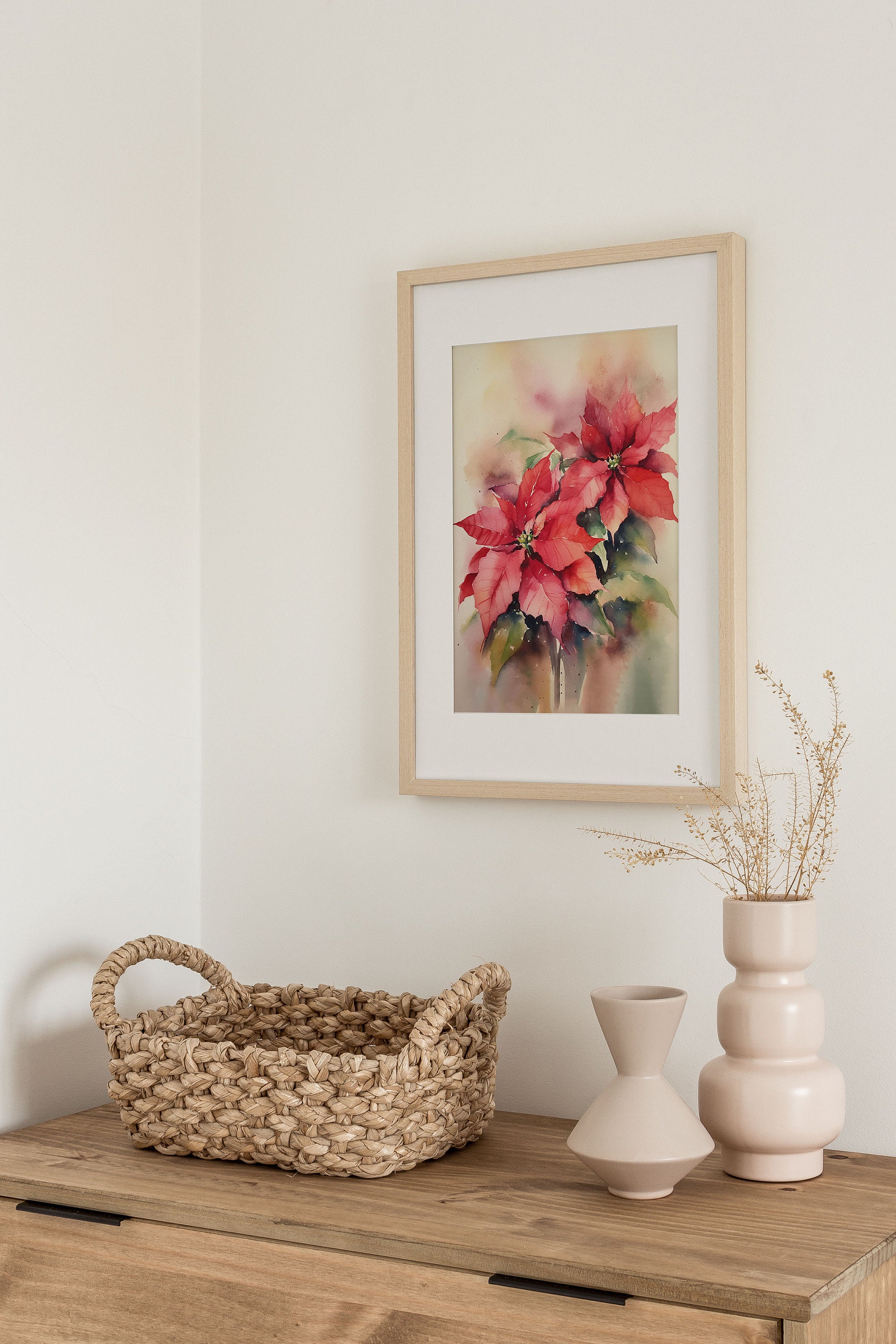 ポインセチアの絵画 クリスマスフラワー水彩画 花のアートプリント