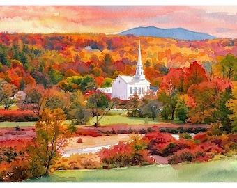 Stowe Vermont Church Watercolor Print On Paper New England Autumn Foliage Landscape