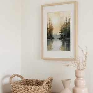 Sunrise Forest Lake Painting Neutral Brown Landscape Michigan Art Print ...