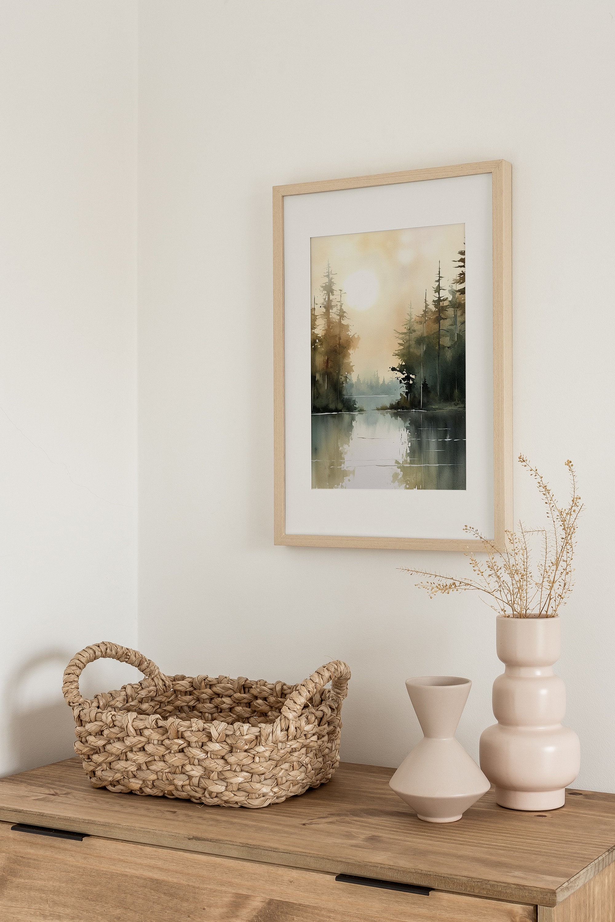 Sunrise Forest Lake Painting Neutral Brown Landscape Michigan Art Print ...