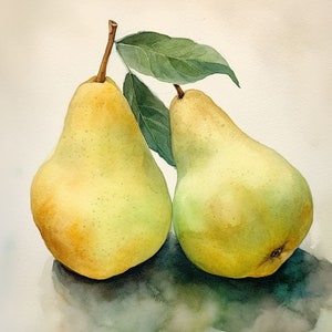 Dipinto di pere, frutta, acquerello, stampa artistica, cibo, arte murale, due pere, poster, decorazione da parete per cucina neutra, opera d'arte in stile fattoria