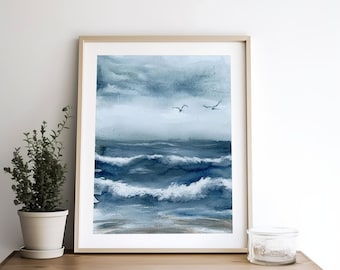 海の波、水彩画、紙にプリント、嵐の海の景色、海鳥、霧のかかった