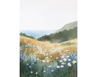 California Coastal Wall Art Flower Field Watercolor Painting  Wildflower Poster Landscape Prints California Superbloom Art Travel Poster