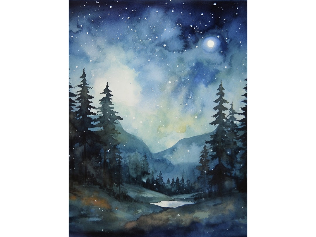 夜空の水彩画 アパラチア山脈の風景 アートプリント 月 松林 ウォール